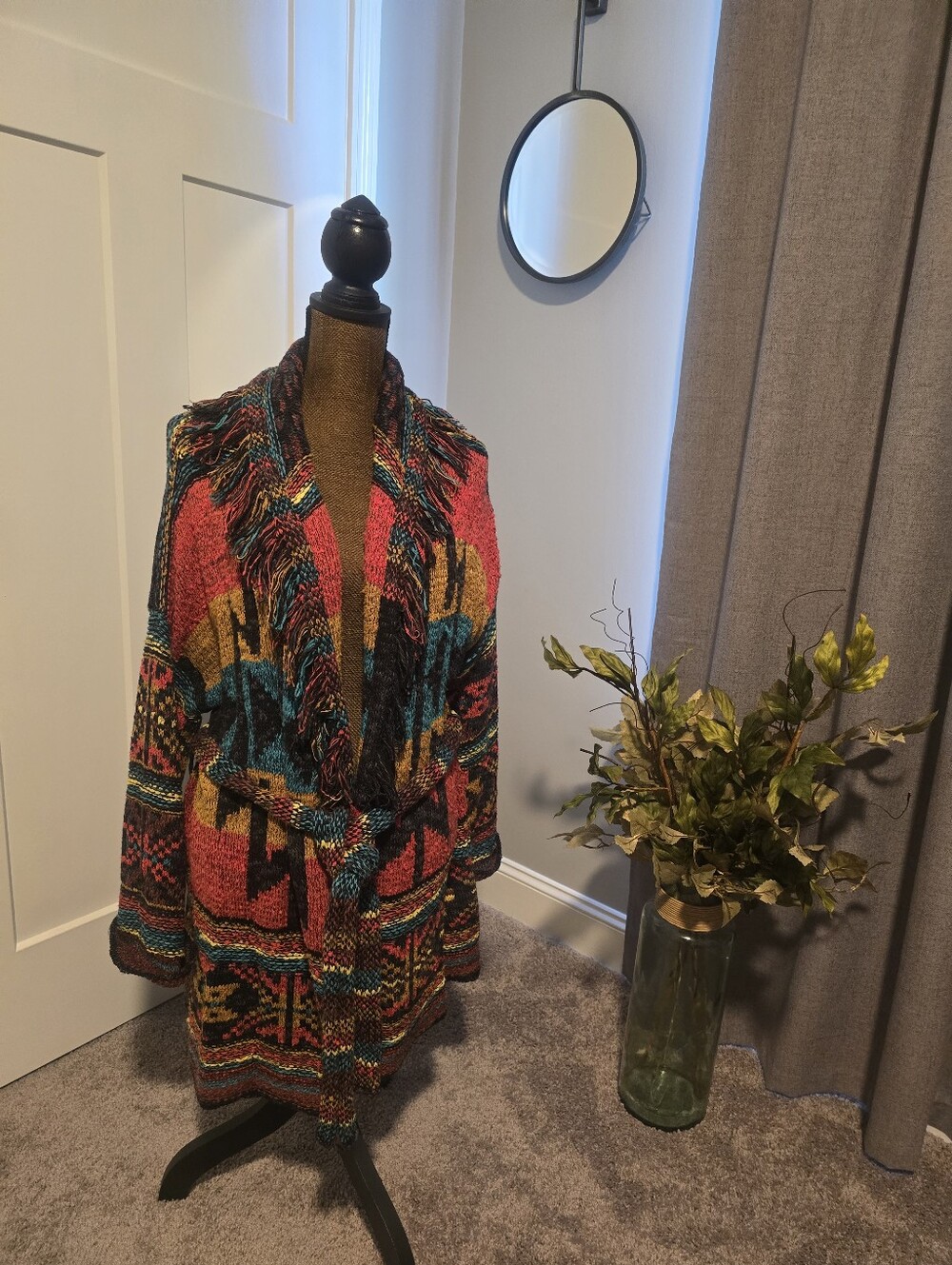 Free People Multicolor Fringe Knit Belted Cardigan - Red, Teal, Gold, Black